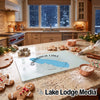 Tempered glass cutting board featuring an Onondaga Lake map design, displayed on a kitchen counter.