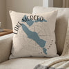 Lake Merced California map and compass design on a textured pillow.