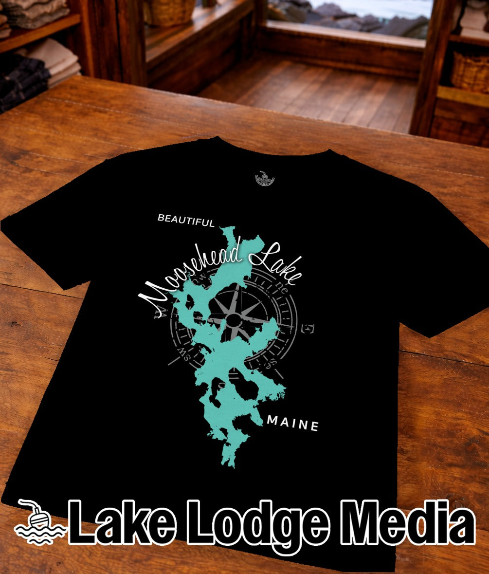 Black t-shirt with a turquoise map outline of Moosehead Lake, Maine.