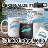 White mug, black tumbler, and white water bottle with "Lake America" and lake map designs.