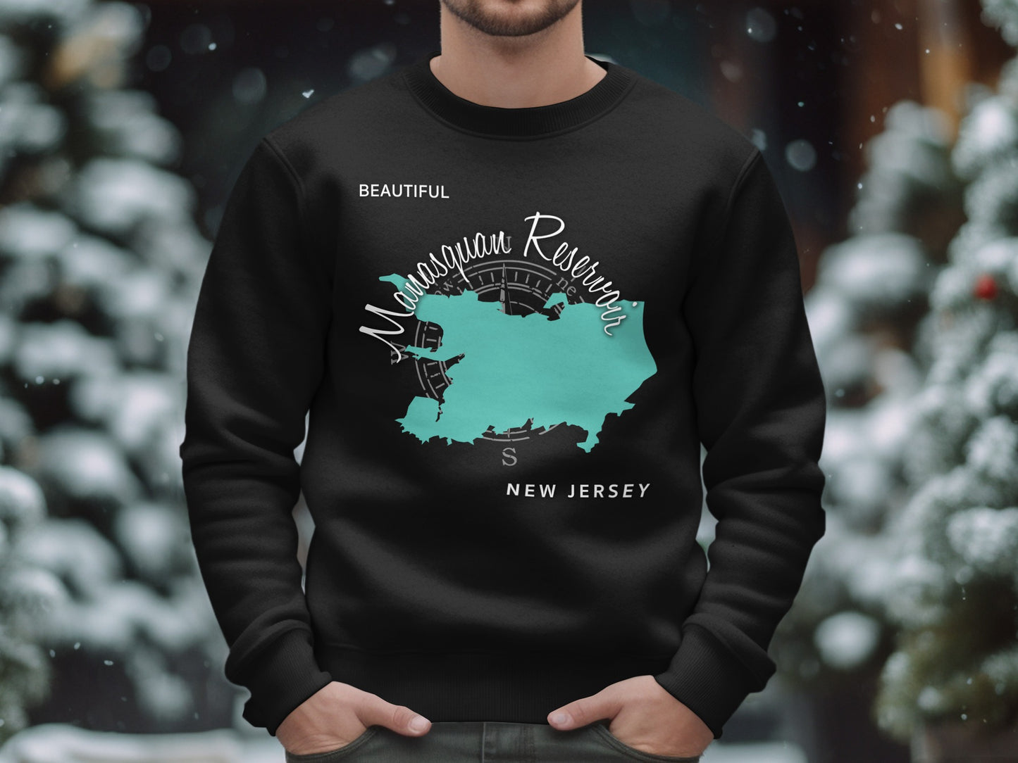 Black sweatshirt with a teal map of Manasquan Reservoir, New Jersey.