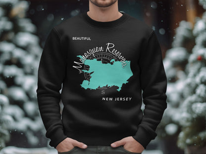 Black sweatshirt with a teal map of Manasquan Reservoir, New Jersey.