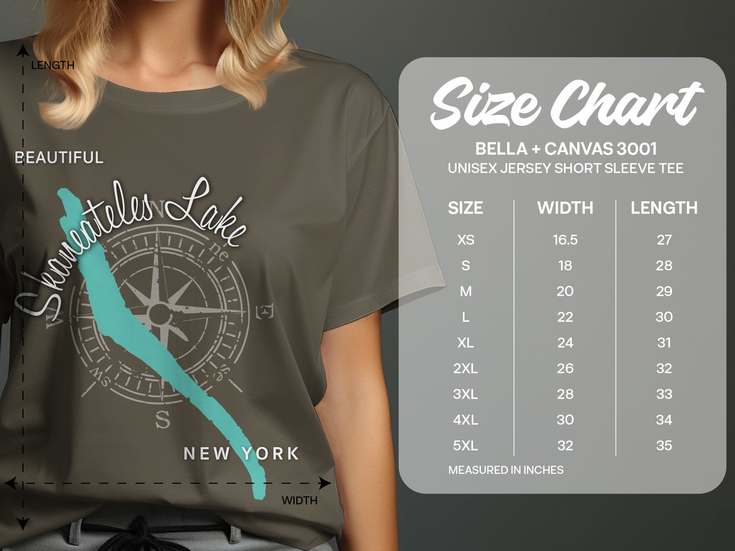 T-shirt size chart for Bella + Canvas 3001 unisex tee with Skaneateles Lake graphic.