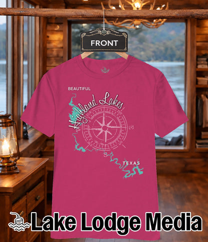 Pink t-shirt with "Beautiful Highland Lakes Texas" compass graphic.