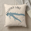 Pillow with blue Fellows Lake map and compass design, "Fellows Lake Missouri" text.