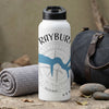 White water bottle with "Rayburn" text, blue fish, and compass graphic.