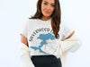 White t-shirt with "Silverwood Lake California" text and a blue map overlayed on a compass rose.