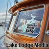 Teal West Point Life sticker on boat window, Lake Lodge Media text.