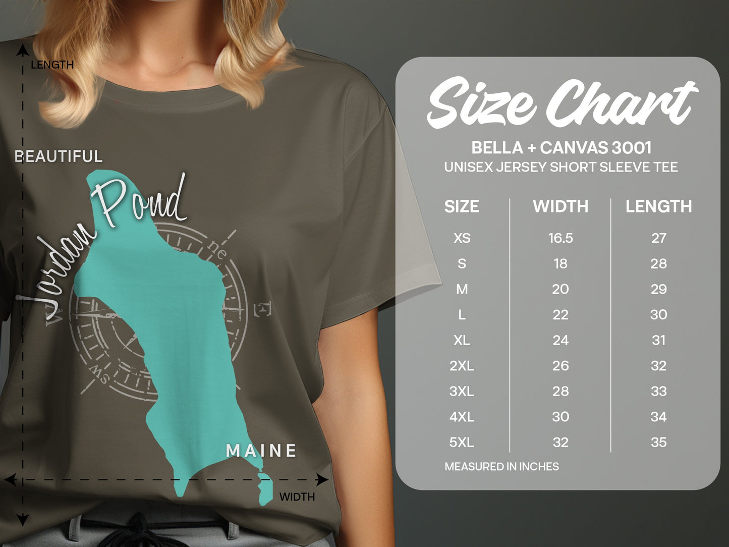T-shirt size chart for Bella + Canvas 3001, detailing width and length by size.