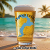 Glass of beer with Lake Pend Oreille map and Idaho on beach with palm trees.