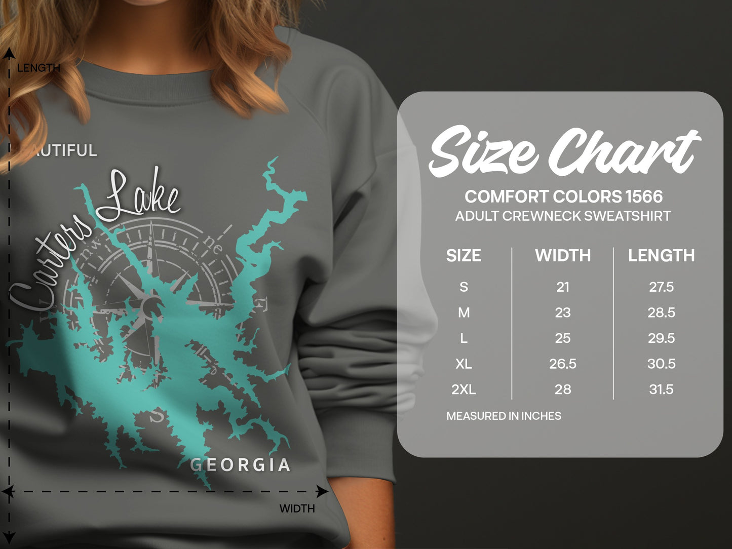 Crewneck sweatshirt size chart with lake graphic and Comfort Colors 1566 details.