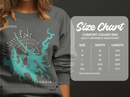 Crewneck sweatshirt size chart with lake graphic and Comfort Colors 1566 details.