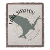 Woven blanket with a grey outline of California and text "Lake Siskiyou" and "California".