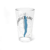 Clear glass tumbler with Canandaigua Lake silhouette and compass design.