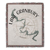 Woven blanket with map of Lake Granbury and compass rose, reads "Lake Granbury Texas".