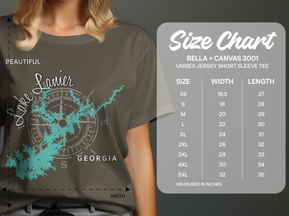 T-shirt size chart for Bella + Canvas 3001 unisex tee, showing size, width, and length.