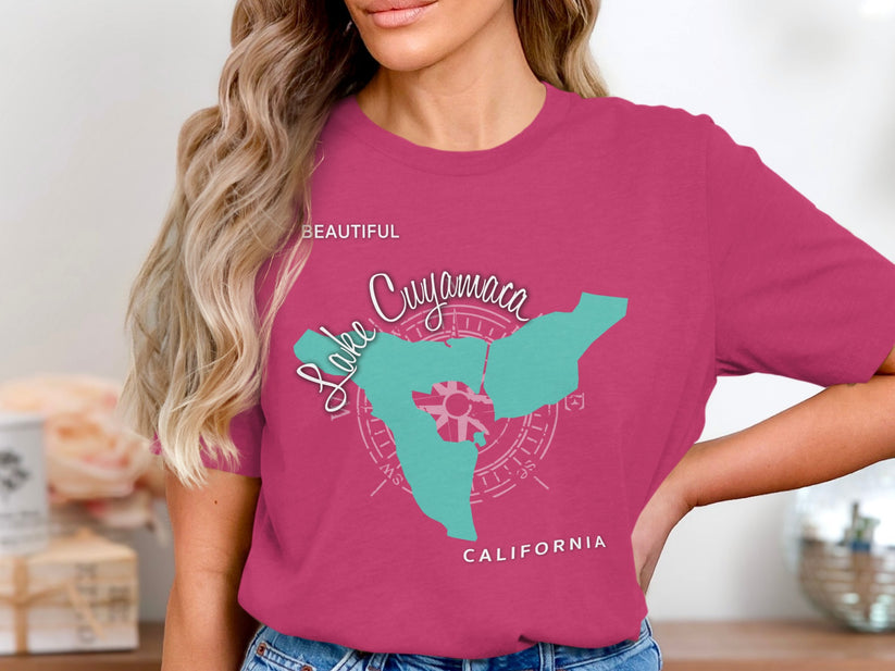 Pink t-shirt with "Beautiful Lake Cuyamaca California" map graphic and compass rose.