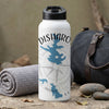 White water bottle with "DISHARO" text and blue lake map over compass graphic.
