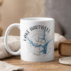 White mug with "Lake Hartwell Georgia" text and a blue lake map compass design.