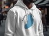 White hoodie with blue Newnins Lake Florida graphic and compass design.