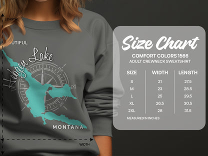 Nebgen Lake Montana graphic on gray sweatshirt with size chart.