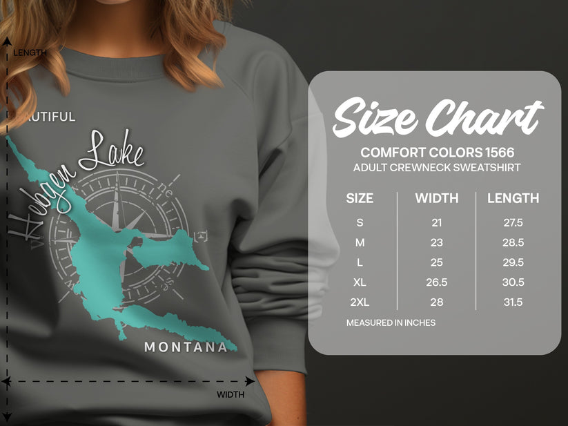 Nebgen Lake Montana graphic on gray sweatshirt with size chart.