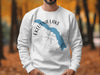 White sweatshirt with Eklutna Lake, Alaska map and compass graphic.
