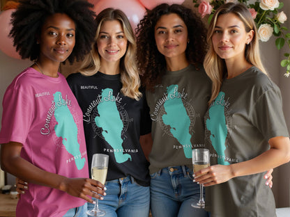 Four women wearing t-shirts with Conneaut Lake, Pennsylvania graphic.