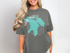Grey t-shirt with turquoise map graphic labeled Lake Huron and Ontario.