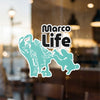 Teal sticker with white outline of hands forming a crowd with "Marco Life" text.