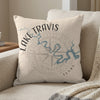 Linen pillow with Lake Travis map and compass design, "Lake Travis Texas" text.
