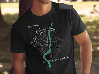 Black t-shirt with "Lake Okanagan British Columbia" and compass graphic.