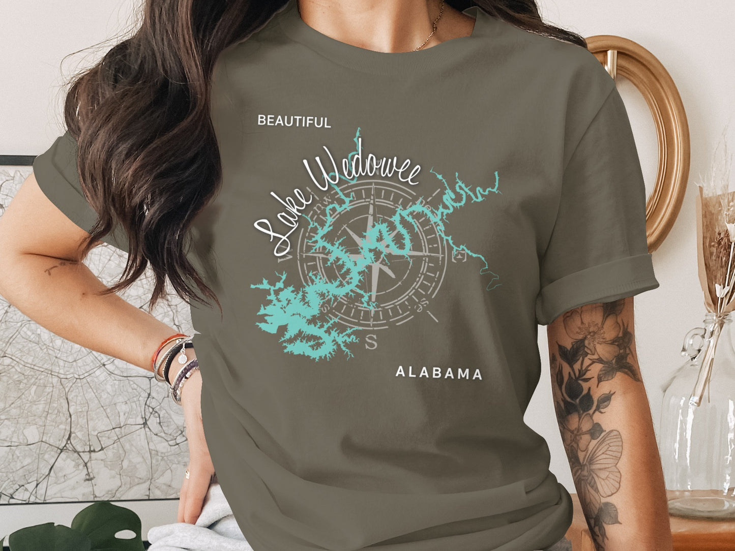Olive t-shirt with "Beautiful Lake Wedowee Alabama" and a compass rose map design.