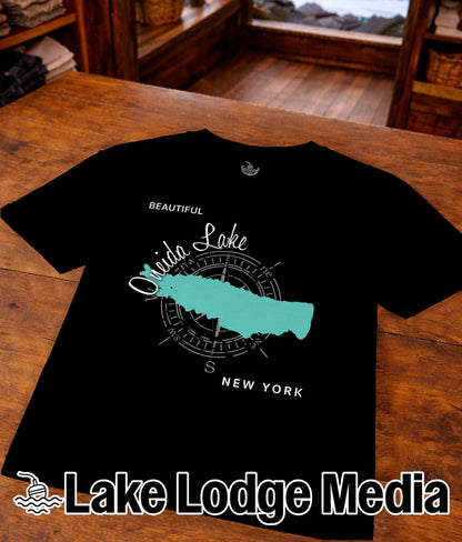Black t-shirt with Oneida Lake map graphic and "Lake Lodge Media" text.