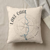 Cream pillow with Lake Oahe map and compass design in black and blue.