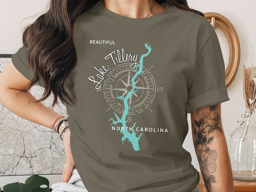 T-shirt with a compass rose design overlaying a map and "Lake Tillery North Carolina" text.