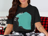 Black t-shirt with Red Lake, Minnesota map graphic.