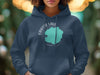 Dark blue hoodie with teal Crater Lake, Oregon map graphic.