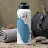 White water bottle with "Shark Lake" text and blue state map design