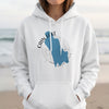 White hoodie with blue Cain Lake Washington map and compass graphic.