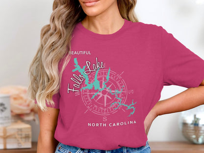 Pink t-shirt with "Falls Lake, North Carolina" and a compass rose map.