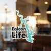 Falcon Life sticker with teal lake outline and copyright by Lake Lodge Media LLC.