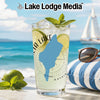 Glass with lime and mint drink, state map graphic, and beach background.