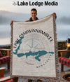 Lake Ossawinamakee Minnesota map blanket with fringed edges held by a man.