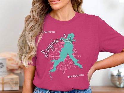 Teal Longview Lake map graphic with compass rose and text on pink shirt.