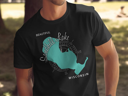 Black t-shirt with Sandhill Lake Wisconsin map and compass graphic.