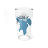 Clear glass pint glass with blue Lake Huron map and text.