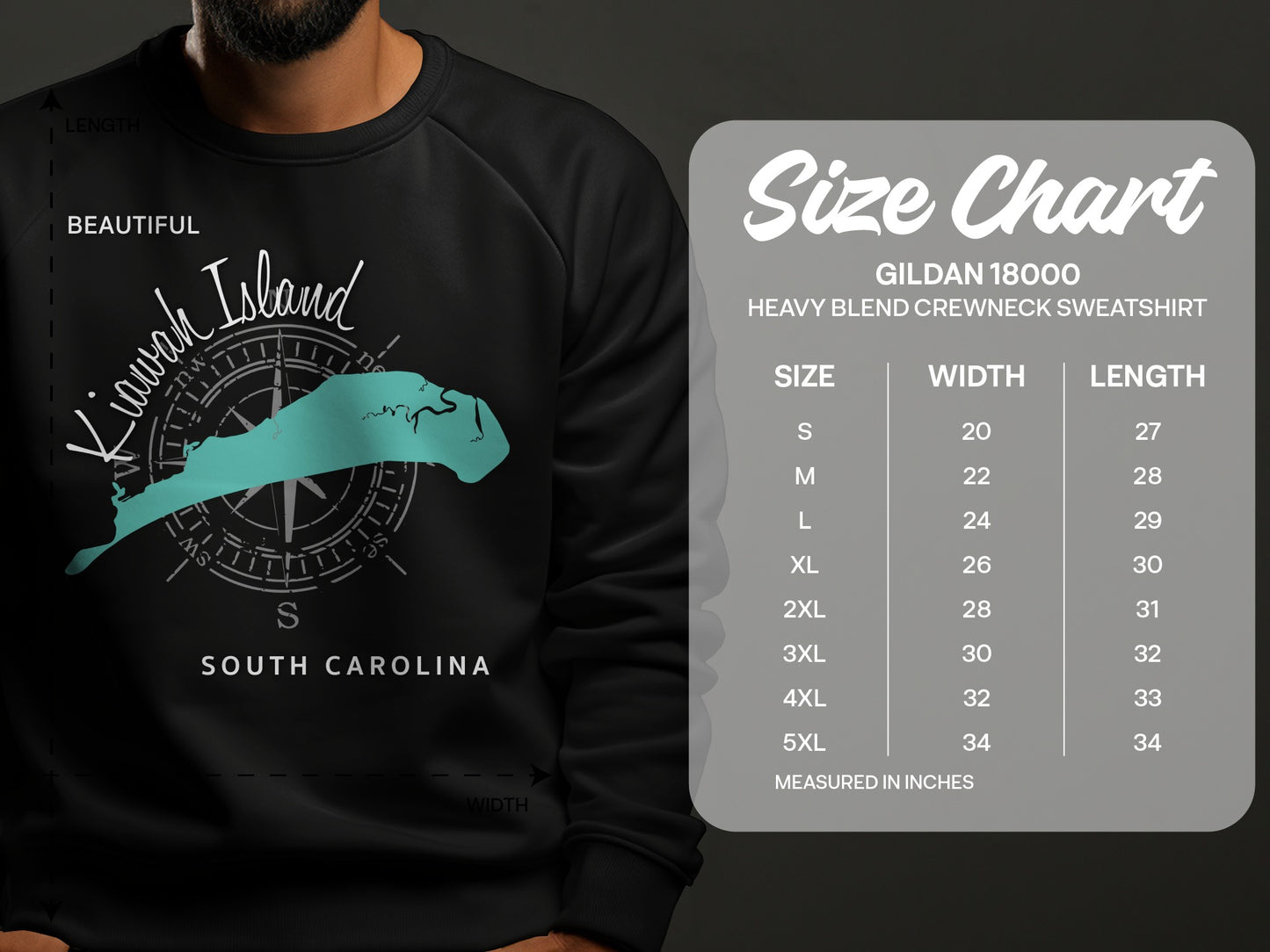 Kiawah Island South Carolina graphic on a dark sweatshirt with a size chart.