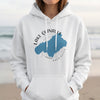 White hoodie with a blue map of Lake Quinault, Washington and compass design.