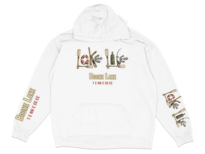 White hoodie with "Boone Lake Tennessee" text and lake-themed graphics.